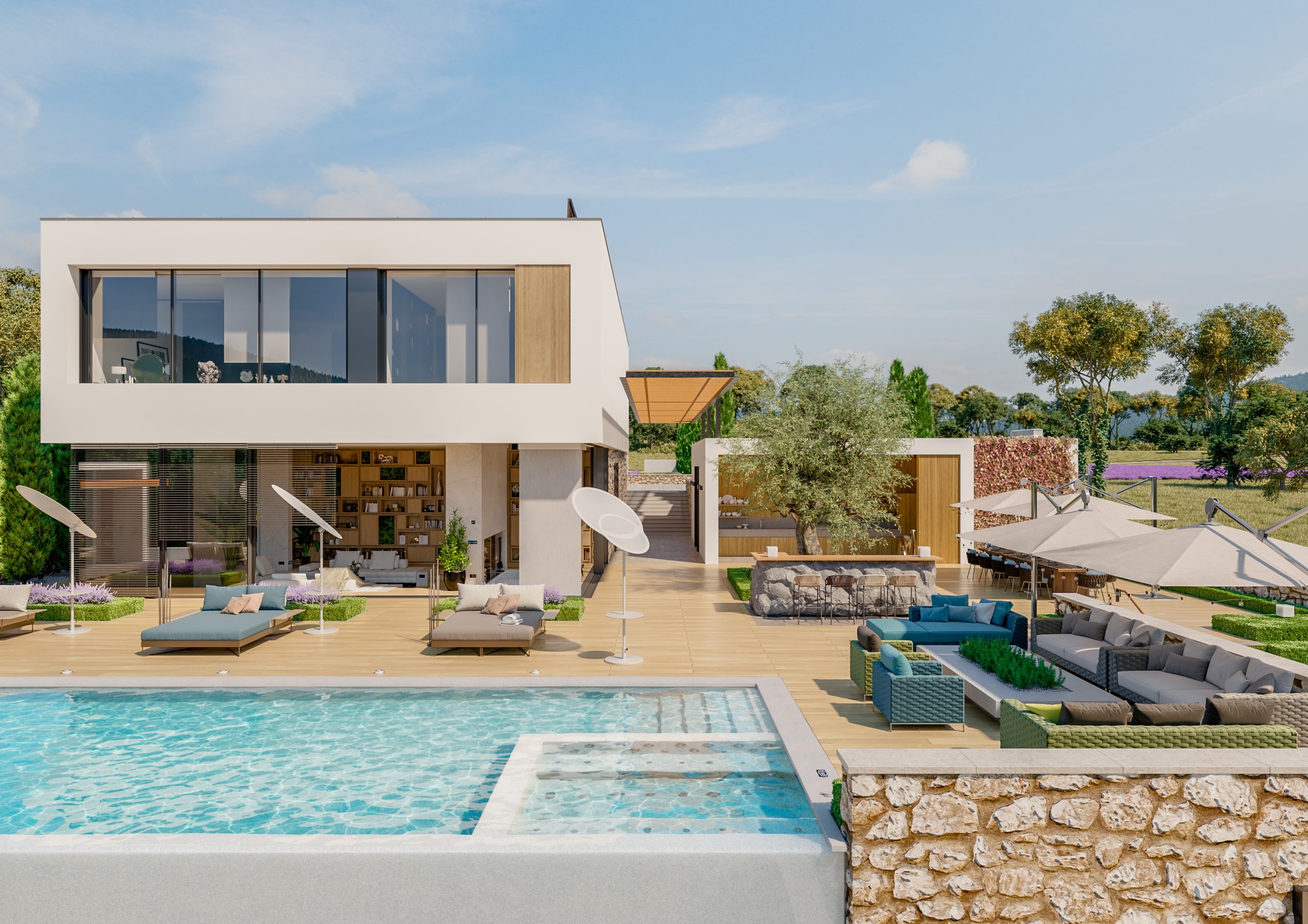 Mediterranean Villa interior and exterior design Mediterranean house in France, provence. Villa interior and exterior design view
